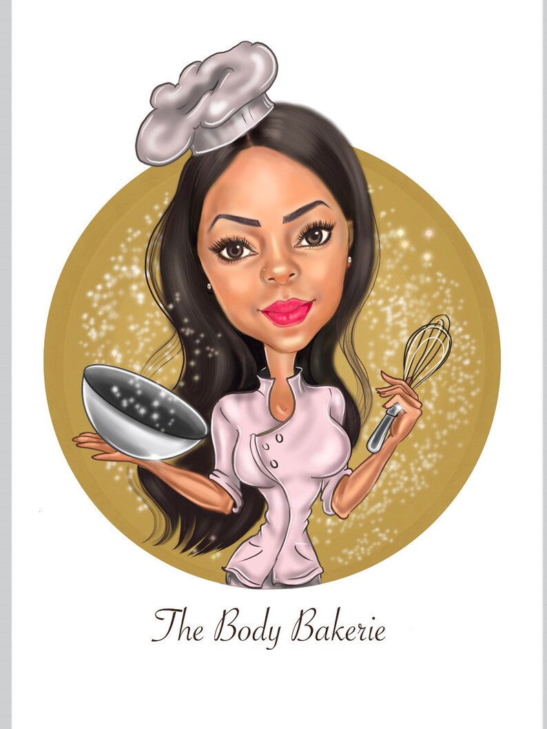 May include: A cartoon illustration of a woman wearing a chef's hat and a pink shirt, holding a mixing bowl and a whisk. The background is a gold circle with white sparkles. The text "The Body Bakerie" is below the image.
