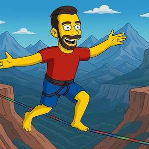 May include: Cartoon illustration of a man with yellow skin, brown hair, and a beard, balancing on a tightrope. He wears a red shirt, blue shorts, and is set against a mountain backdrop.