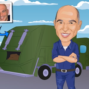 May include: A cartoon caricature of a man with a large head and a smile, standing in front of a green refuse truck. The man is wearing a blue shirt and blue trousers. The truck has a large, open back with a brown pile of refuse inside.