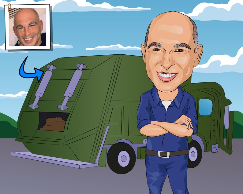 May include: A cartoon caricature of a man with a large head and a smile, standing in front of a green refuse truck. The man is wearing a blue shirt and blue trousers. The truck has a large, open back with a brown pile of refuse inside.