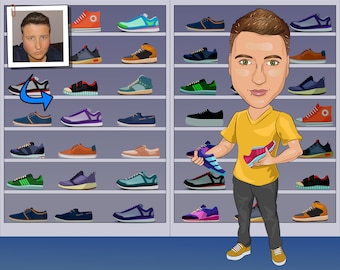 Shoe Collector Gift - Custom Caricature From Photo, Sneakerhead Gift, sneaker head