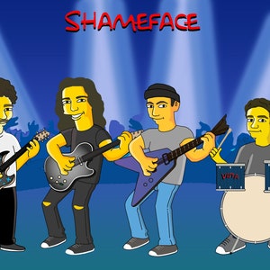 May include: A cartoon band called "Shameface" performing on stage. The band consists of a guitarist with a black electric guitar, a guitarist with a blue electric guitar, a drummer with a drum set, and a vocalist with a microphone.