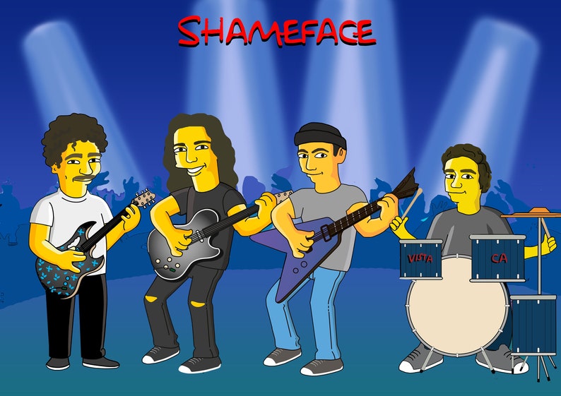May include: A cartoon band called "Shameface" performing on stage. The band consists of a guitarist with a black electric guitar, a guitarist with a blue electric guitar, a drummer with a drum set, and a vocalist with a microphone.