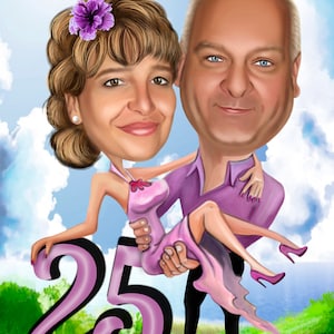 Gepersonaliseerde zilveren huwelijksverjaardagscadeau - Cartoon stel op jouw foto / 25e huwelijkscadeau / 25e verjaardag / karikatuur van het huwelijk