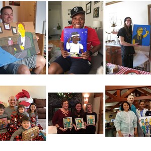 May include: A collection of photos showing people holding custom cartoon portraits of themselves and their loved ones. The portraits are drawn in a colorful, cartoon style and feature various backgrounds and poses.