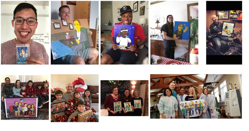 May include: A collection of photos showing people holding custom cartoon portraits of themselves and their loved ones. The portraits are drawn in a colorful, cartoon style and feature various backgrounds and poses.
