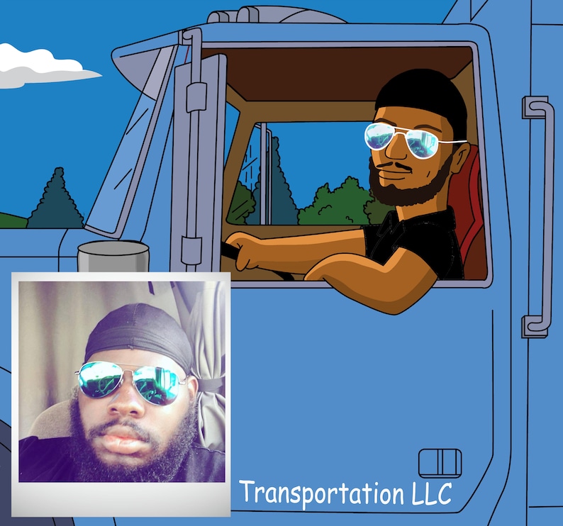 Truck Driver Gift Custom Portrait from Photo as Yellow Cartoon Character / truck driver cartoon / custom trucker gift / trucker cartoon image 1