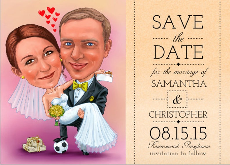 Puede incluir: Una invitaci&oacute;n de boda de dibujos animados con una caricatura de la novia y el novio. El novio lleva a la novia, y el texto de la invitaci&oacute;n dice "Save the Date" para Samantha & Christopher, 08.15.15, en Pensilvania.