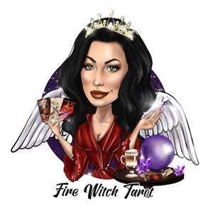 May include: A cartoon illustration of a woman with long black hair wearing a red robe and a crown. She is holding tarot cards and a crystal ball. The text "Fire Witch Tarot" is below the image.
