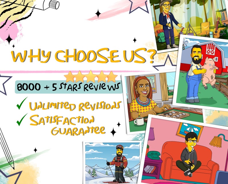 May include: A colorful graphic with the text "WHY CHOOSE US?" and "8000+ 5 STARS REVIEWS".  There are check marks next to the words "Unlimited Revisions" and "Satisfaction Guarantee".  The graphic features cartoon illustrations of people in different settings.