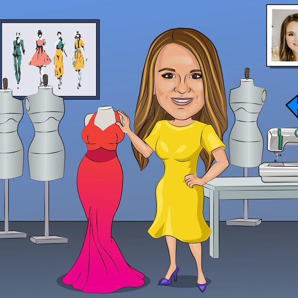 Fashion Student Gift - Custom Caricature From Photo, dress maker gift, seamstress gift