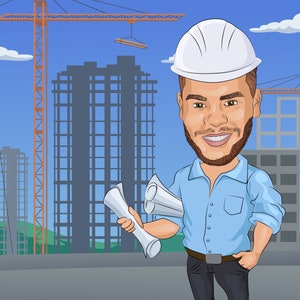 Może przedstawiać: Kreskówka przedstawiająca uśmiechniętego robotnika budowlanego w białym kasku i jasnoniebieskiej koszuli. Trzyma zwinięte plany z dźwigami budowlanymi i budynkami w tle.