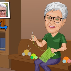 Strickliebhaber Geschenk - Benutzerdefinierte Karikatur vom Foto, Strickergeschenk, strickende Oma