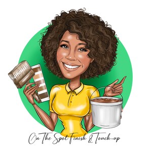 May include: A woman with curly brown hair smiles and holds a paintbrush, a paint color swatch, and a bucket of paint. The text "On The Spot Finish & Touch-up" is below her.