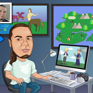 May include: A cartoon illustration of a person sitting at a desk with a computer, a mug, and a game controller. The computer screen shows a cartoon illustration of two people talking. There are three framed pictures on the wall behind the person. One picture shows a map of an island, another shows a centaur, and the third shows a person's face.