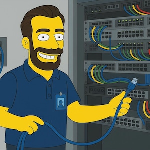 May include: Cartoon illustration of a man in a blue polo shirt holding a blue network cable. The man has yellow skin, brown hair, and a beard. Behind him is a server rack with various colored cables.