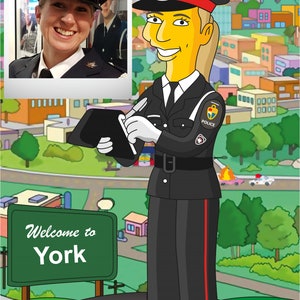 May include: A cartoon illustration of a police officer wearing a black uniform with red stripes, a black hat with a red band, and a yellow face. The officer is holding a clipboard and pen and standing in front of a sign that says "Welcome to York".
