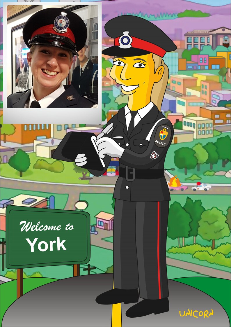 May include: A cartoon illustration of a police officer wearing a black uniform with red stripes, a black hat with a red band, and a yellow face. The officer is holding a clipboard and pen and standing in front of a sign that says "Welcome to York".