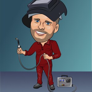 May include: A cartoon illustration of a welder wearing a red jumpsuit and a welding mask, holding a welding torch and standing next to a welding machine.