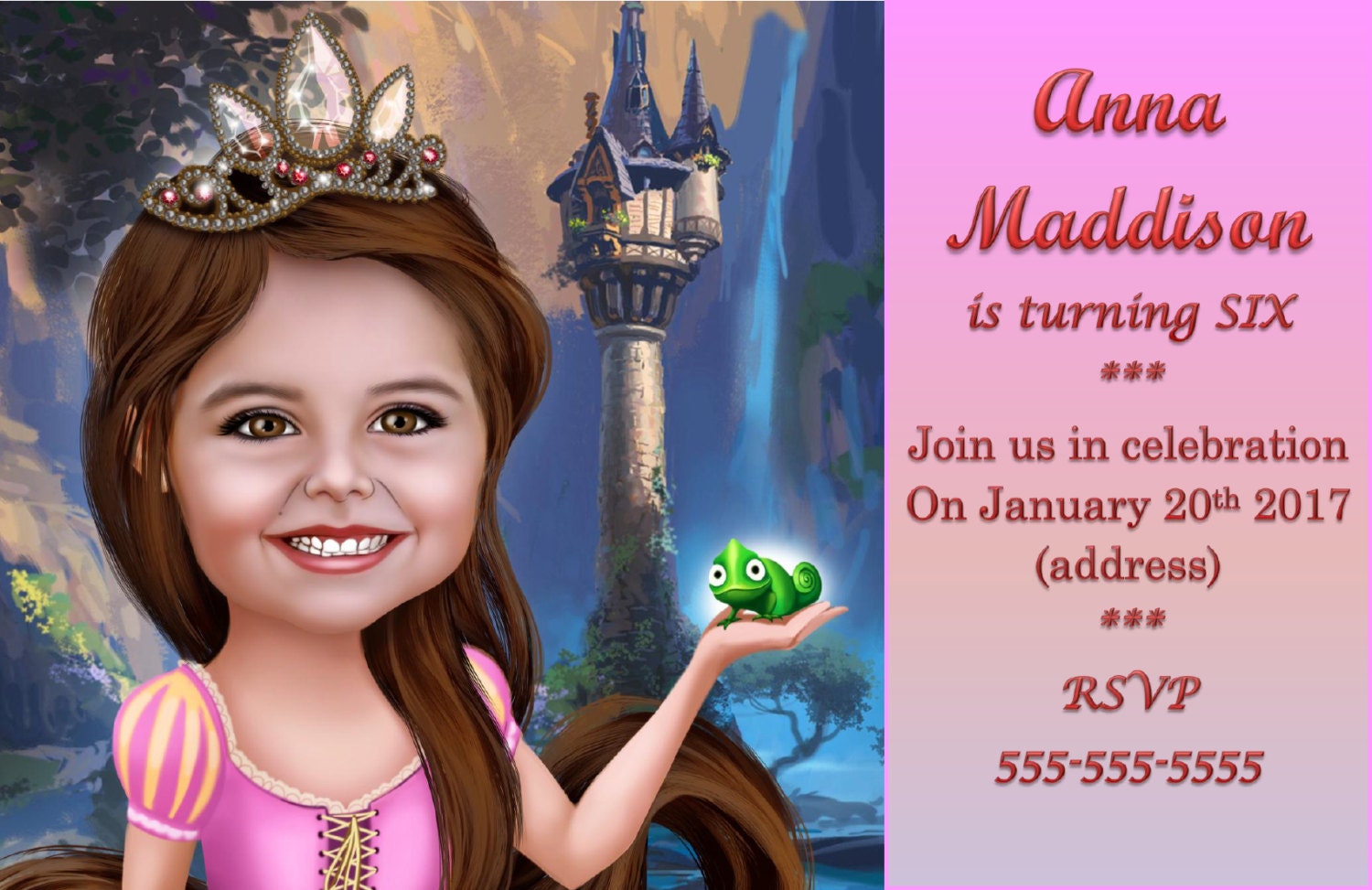 Custom Rapunzel Birthday Invitation card drawn from photo Tangled Invitation Tangled Birthday Rapunzel Party Tangled Party