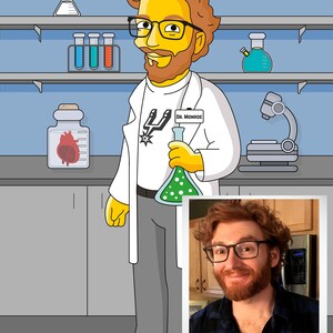 May include: A cartoon illustration of a scientist wearing a white lab coat and holding a green beaker. The scientist has a yellow face, brown hair, and a beard. The scientist is wearing glasses and a white t-shirt with a black and white logo that says "Utah Jazz". The scientist is standing in a laboratory setting with a microscope, beakers, and test tubes in the background. The name tag on the scientist's lab coat says "Dr. Monroe".