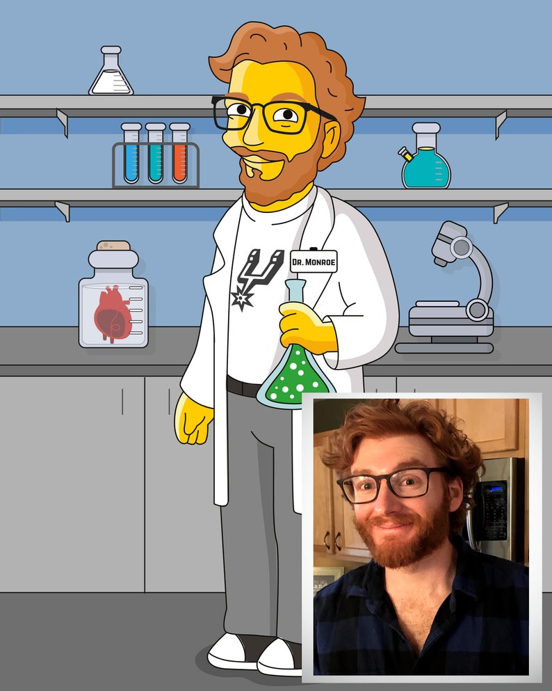 May include: A cartoon illustration of a scientist wearing a white lab coat and holding a green beaker. The scientist has a yellow face, brown hair, and a beard. The scientist is wearing glasses and a white t-shirt with a black and white logo that says "Utah Jazz". The scientist is standing in a laboratory setting with a microscope, beakers, and test tubes in the background. The name tag on the scientist's lab coat says "Dr. Monroe".