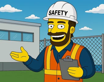 May include: A cartoon illustration of a man wearing a white hard hat with the word "SAFETY" on it. He is wearing an orange safety vest over a blue shirt and holding a clipboard. The background shows a building, a fence, and a blue sky with clouds.