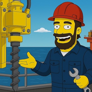 Puede incluir: Ilustración de dibujos animados de un hombre con un mono azul y un casco rojo, sosteniendo una llave inglesa. Está de pie cerca de una máquina perforadora amarilla en una plataforma sobre el océano, con una plataforma petrolera al fondo.