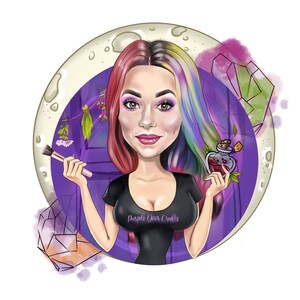 May include: A cartoon illustration of a woman with rainbow hair holding a makeup brush and a bottle of potion. The background is a purple moon with crystals and herbs. The text "Purple Door Crafts" is on the woman's shirt.