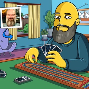 Cadeau cribbage-speler: aangepast portret van foto als geel personage, aangepaste cribbage-bordkunst