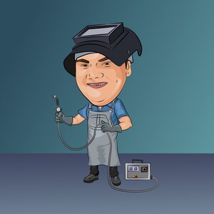 May include: A cartoon illustration of a welder wearing a welding mask, blue overalls, and gloves, holding a welding torch. A welding machine is on the floor next to the welder.