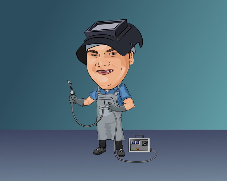 May include: A cartoon illustration of a welder wearing a welding mask, blue overalls, and gloves, holding a welding torch. A welding machine is on the floor next to the welder.