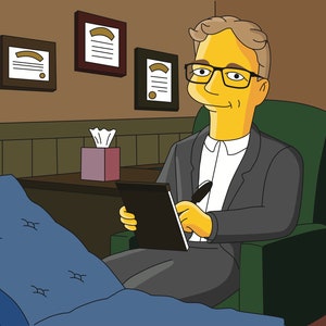 May include: A yellow cartoon therapist sits in a green chair with a notepad and pen. The therapist is wearing a grey suit and a white shirt. The therapist is in an office setting with a blue couch and a wooden desk.