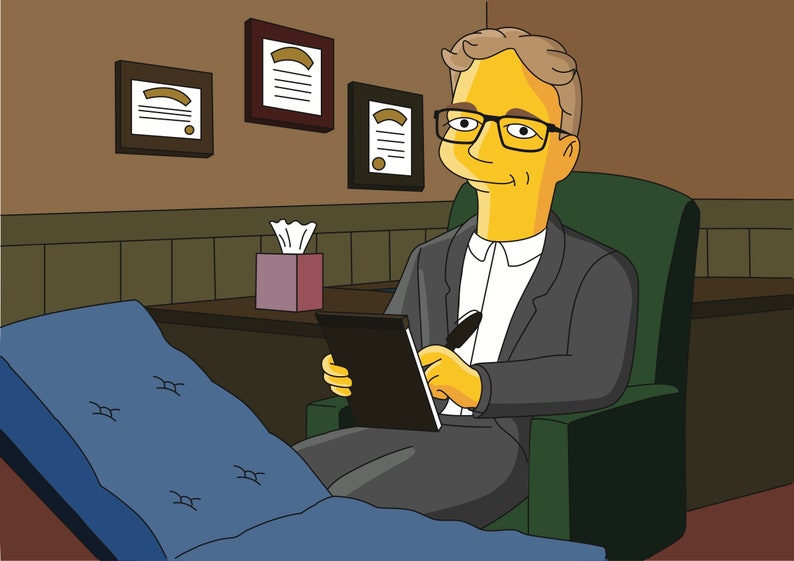 May include: A yellow cartoon therapist sits in a green chair with a notepad and pen. The therapist is wearing a grey suit and a white shirt. The therapist is in an office setting with a blue couch and a wooden desk.