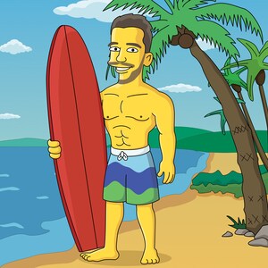 May include: A cartoon illustration of a person standing on a beach holding a red surfboard. The person is wearing blue and green swim trunks and has a muscular build. The background features palm trees and a blue ocean.