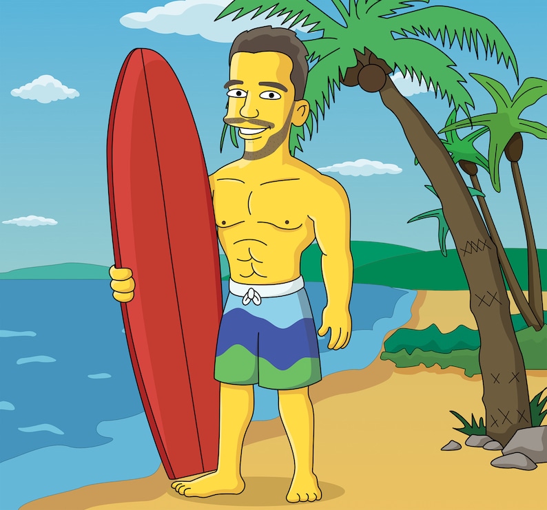 May include: A cartoon illustration of a person standing on a beach holding a red surfboard. The person is wearing blue and green swim trunks and has a muscular build. The background features palm trees and a blue ocean.