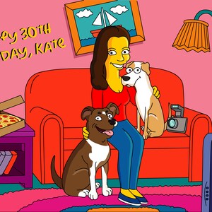 May include: A woman with yellow skin and brown hair sits on a red couch with two dogs. The couch is in a room with a pink wall, a framed picture, a lamp, and a side table with a pizza box. The text "Happy 30th Birthday, Kate" is written in yellow on the pink wall.