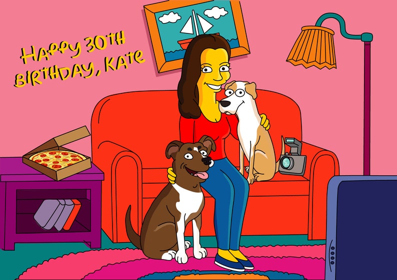 May include: A woman with yellow skin and brown hair sits on a red couch with two dogs. The couch is in a room with a pink wall, a framed picture, a lamp, and a side table with a pizza box. The text "Happy 30th Birthday, Kate" is written in yellow on the pink wall.