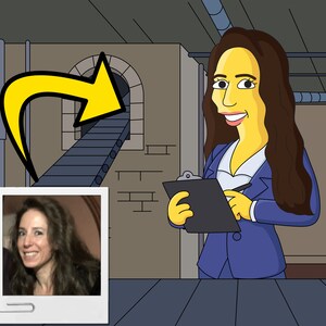 May include: A cartoon illustration of a woman with yellow skin and long brown hair wearing a blue suit jacket and white shirt. She is holding a clipboard and a pen in her right hand. The woman is standing in front of a conveyor belt that leads to a brick wall with a doorway. A photo of a woman with long brown hair is in the lower left corner of the image.