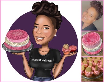 Puede incluir: Una ilustración de dibujos animados de una mujer sosteniendo un pastel de capas rosa y blanco y un cupcake con glaseado rosa y una galleta en la parte superior. La mujer lleva una camiseta negra con el texto "MsBrittBratzTreats".