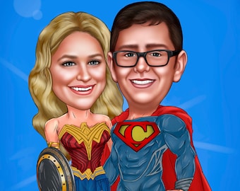 Superhelden Paar Portrait nach Foto / Superhelden Hochzeit / Superpaar / Superhelden Porträt / Superhelden Zeichnung