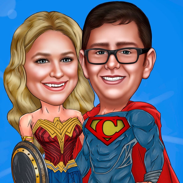 Couple Superhero Portrait from your photo / superhero wedding / super couple / superheroes portrait / super hero drawing