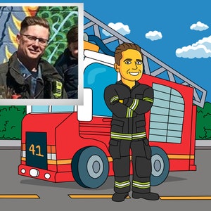 Firefighter Gift  - Custom Portrait as Yellow Cartoon Character / fireman gift ideas /fireman retirement thank you /gift for firefighter dad