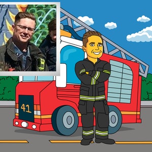 Firefighter Gift Custom Portrait as Yellow Cartoon Character / fireman gift ideas /fireman retirement thank you /gift for firefighter dad image 1