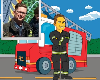 Brandweerman cadeau - aangepast portret als gele stripfiguur / brandweerman cadeau-ideeën / brandweerman pensioen dank u / cadeau voor brandweerman vader