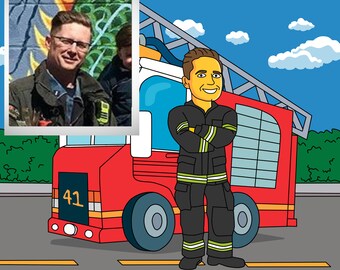 Firefighter Gift  - Custom Portrait as Yellow Cartoon Character / fireman gift ideas /fireman retirement thank you /gift for firefighter dad