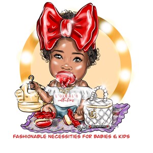 K&ouml;nnte beinhalten: Eine Cartoon-Illustration eines schwarzen Baby-M&auml;dchens, das eine rote Schleife, ein wei&szlig;es Shirt mit dem Text "L'OREAL'S collection" und einen Schnuller tr&auml;gt. Das Baby h&auml;lt einen goldenen Kleiderb&uuml;gel und eine wei&szlig;e Handtasche mit einer goldenen Kette und einem "C"-Logo. Das Baby sitzt auf einem lila-wei&szlig;en gemusterten Teppich.