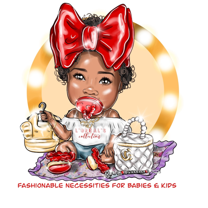 K&ouml;nnte beinhalten: Eine Cartoon-Illustration eines schwarzen Baby-M&auml;dchens, das eine rote Schleife, ein wei&szlig;es Shirt mit dem Text "L'OREAL'S collection" und einen Schnuller tr&auml;gt. Das Baby h&auml;lt einen goldenen Kleiderb&uuml;gel und eine wei&szlig;e Handtasche mit einer goldenen Kette und einem "C"-Logo. Das Baby sitzt auf einem lila-wei&szlig;en gemusterten Teppich.