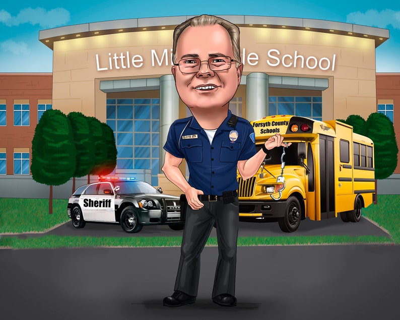 May include: A cartoon illustration of a school resource officer standing in front of a school building. The officer is wearing a blue uniform with a badge and a sheriff's star. A police car and a yellow school bus are parked behind the officer.