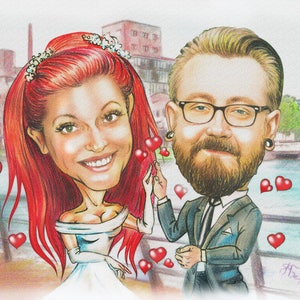 May include: A caricature illustration of a couple in love. The woman is wearing a white wedding dress and has long red hair. The man is wearing a black suit and has a beard. They are surrounded by red hearts.